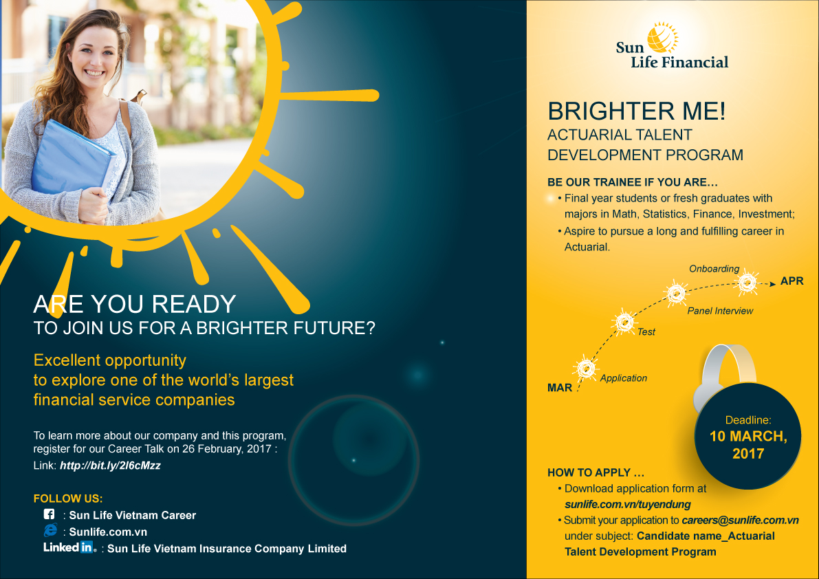 Chương trình Tuyển dụng của Công ty Sun Life Việt Nam: “Brighter me! – Actuarial Talent Development Program 2017”